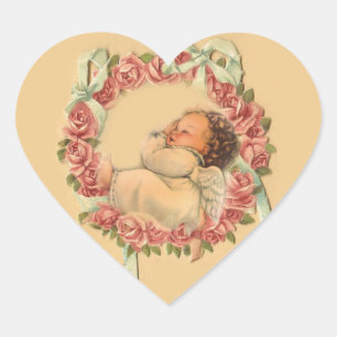 Sticker Cœur Ange vintage de bébé dormant sur une guirlande d