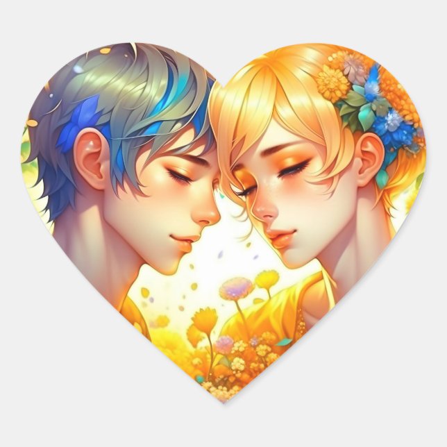 Sticker Cœur Anime Boy and Girl Floral Couple Theme (Devant)