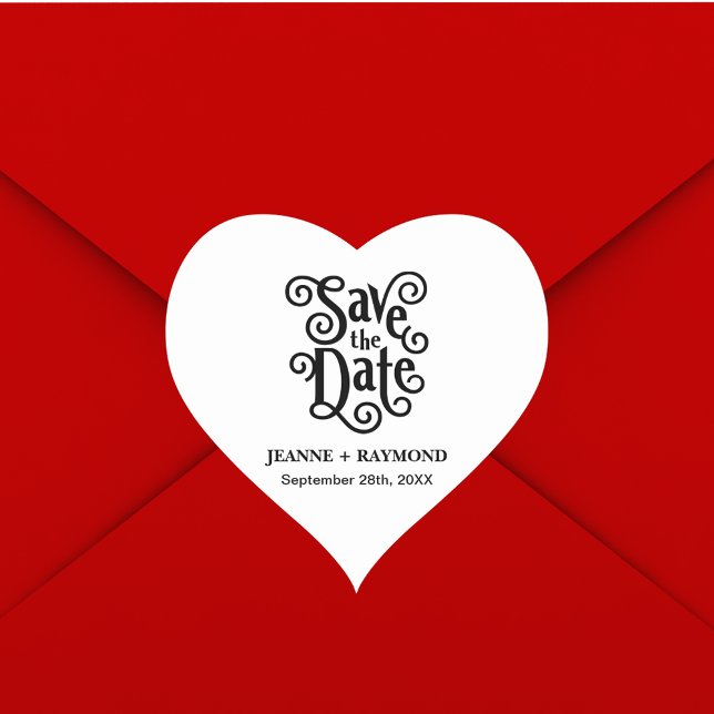 Sticker Cœur Appel Romantique Calligraphié pour Mariage "Save t (Romantic calligraphy sticker adds heartfelt elegance to wedding save the date mailings.)