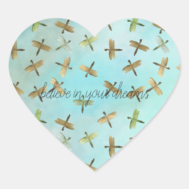 Sticker Cœur Aqua Mint Gold Dragonfly Croire en Dreams (Devant)