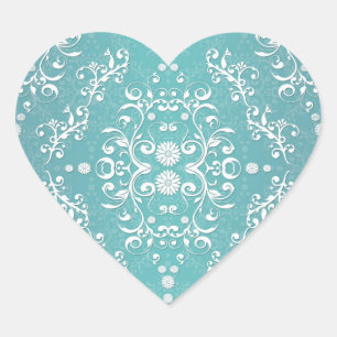 Sticker Cœur Aqua sarcelle et damas floral blanc