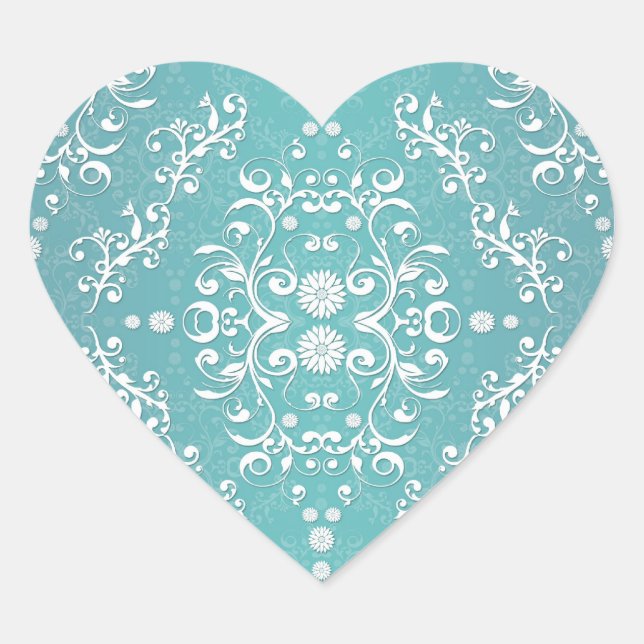 Sticker Cœur Aqua Turquoise et blanc Damas florales (Devant)