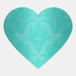 Sticker Cœur Aqua Turquoise Vintage Grunge Damask Modèle