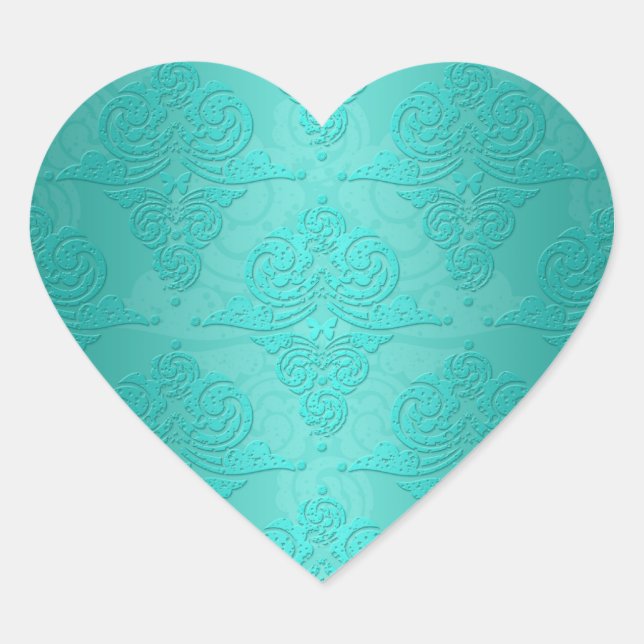 Sticker Cœur Aqua Turquoise Vintage Grunge Damask Modèle (Devant)