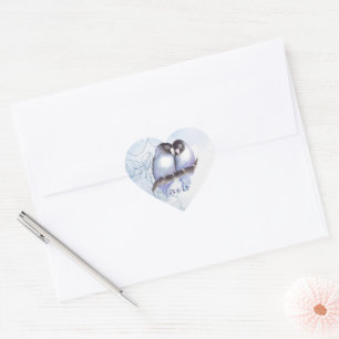 Sticker Cœur Aquarelle Blue Lovebirds, Oiseau Heart Monogramme 