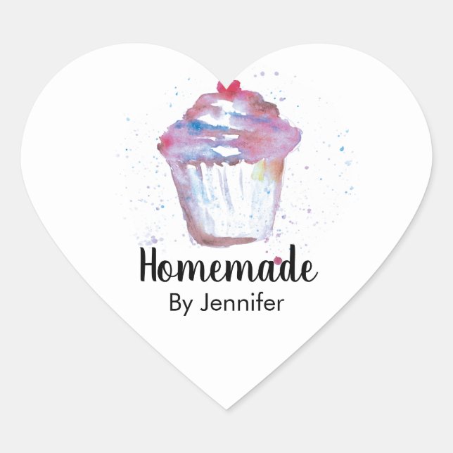 Sticker Cœur Aquarelle coeur mignonne Cupcake fait maison (Devant)