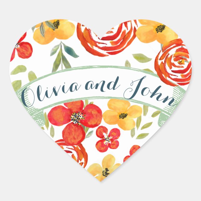 Sticker Cœur Aquarelle Corail jaune Vert Floral Mariage Sceau (Devant)