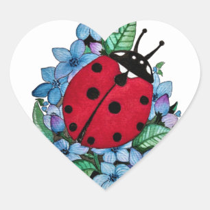 Sticker Cœur Aquarelle Cute Ladybird Avec Fleurs Bleues Sauvage