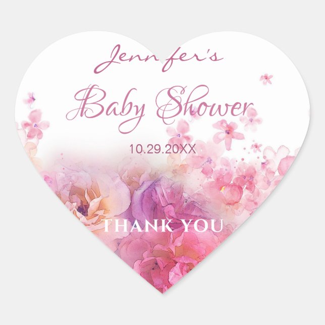 Sticker Cœur Aquarelle Fleurs Roses Baby shower chic Script (Devant)