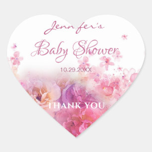 Sticker Cœur Aquarelle Fleurs Roses Baby shower chic Script