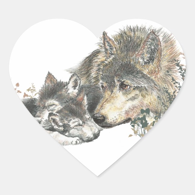 Sticker Cœur Aquarelle Mère Wolf & Cubs Animal Art (Devant)