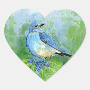Sticker Cœur Aquarelle Montagne Merlebleu Oiseau Bleu Art pour