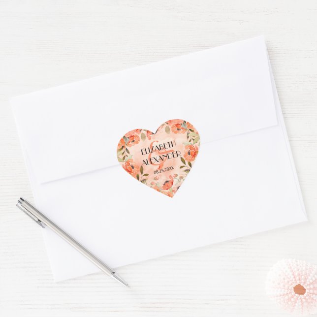Sticker Cœur Aquarelle Orange Floral Mariage (Enveloppe)