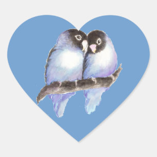Sticker Cœur Aquarelle originale Bleu Lovebirds, Oiseau