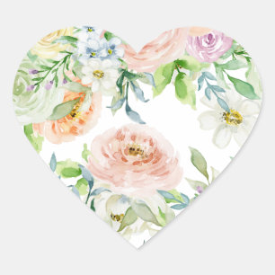 Sticker Cœur Aquarelle printanière Floral Rose Garden Pastel