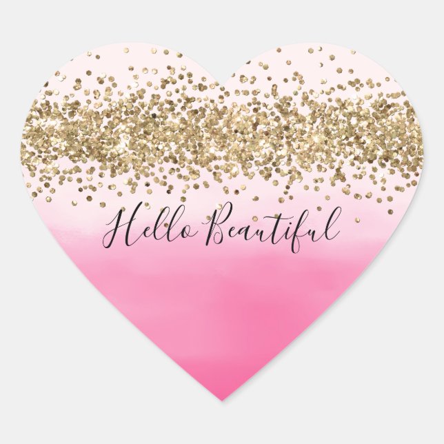 Sticker Cœur Aquarelle rose Fille Ombre Parties scintillant or  (Devant)