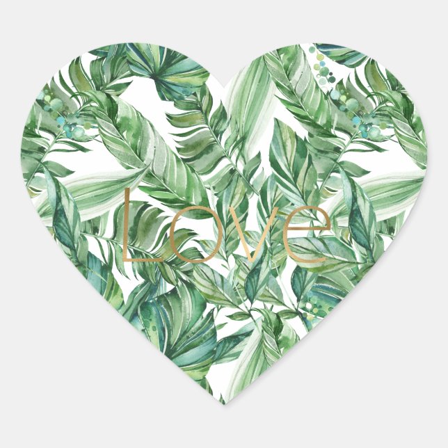 Sticker Cœur Aquarelle tropicale Vert Feuille Gold Love (mince) (Devant)