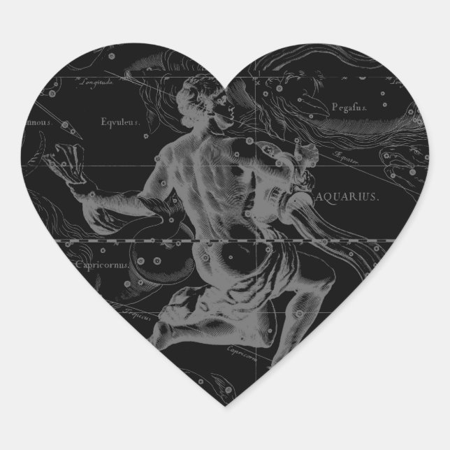 Sticker Cœur Aquarius Constellation Hevelius 1690 sur Noir (Devant)