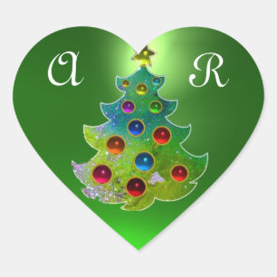 STICKER CŒUR ARBRE DE NOËL COLORÉ EN ÉTOILES VERTES ET OR