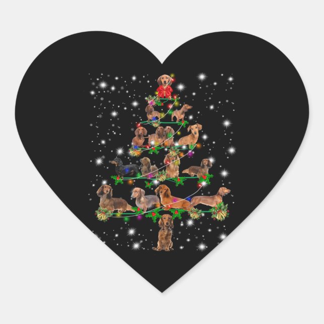 Sticker Cœur Arbre De Noël De Dachshund Couvert De Lampe De Feu (Devant)
