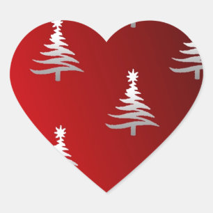 Sticker Cœur Arbres de Noël Argent sur Rouge