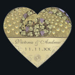 Sticker Cœur Arch Art Nouveau Peacock Birds Sceau Mariage<br><div class="desc">Vignoble Art Nouveau Peacocks Grapevine Raisins pourpres avec Mariage des perles d'or</div>