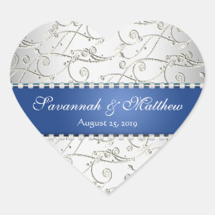 Sticker Cœur Argent Enregistrer la date Royal Blue Mariage Seal