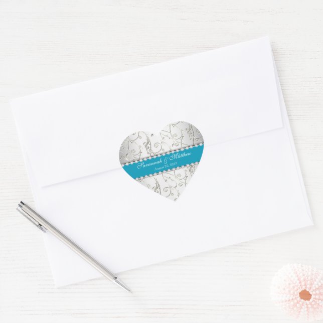 Sticker Cœur Argent Sauvez la date Hawaiian Blue Mariage Seal (Enveloppe)