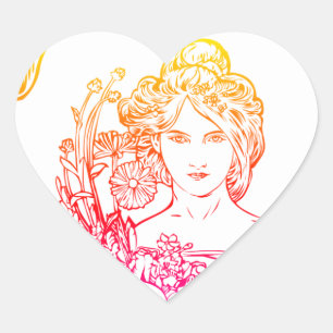Sticker Cœur Art nouveau Alphonse Mucha femme avec fleurs