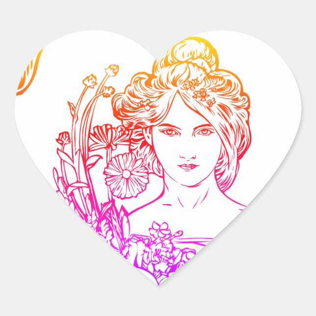 Sticker Cœur Art nouveau Alphonse Mucha femme avec fleurs (Devant)