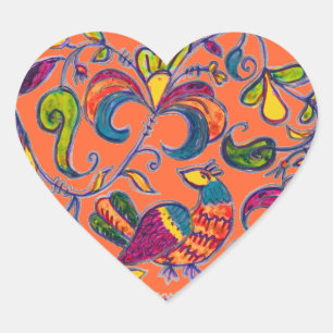 Sticker Cœur Art populaire d'oiseaux du Nord de Russie