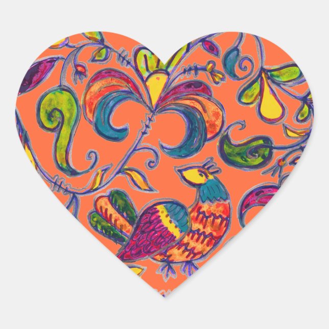 Sticker Cœur Art populaire d'oiseaux du Nord de Russie (Devant)