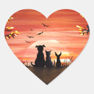 Sticker Cœur Automne Sunset Chien et Chat Automne