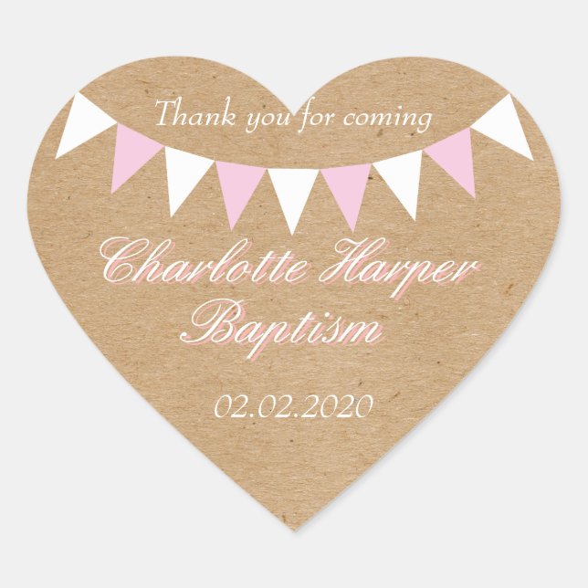 Sticker Cœur Baby Bunting Pink Baptême Christening Favoriser (Devant)