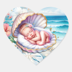 Sticker Cœur Baby Girl in a Seashell Baby shower