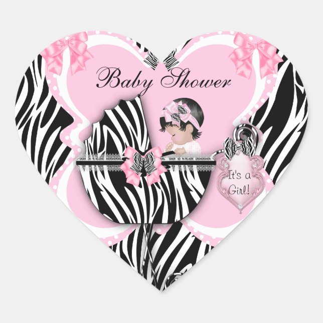 Sticker Cœur Baby shower Bébé mignonne Fille rose Zèbre Spots (Devant)