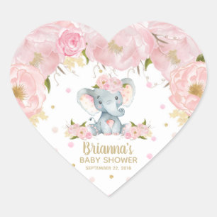 Sticker Cœur Baby shower d'éléphant rose floral mou