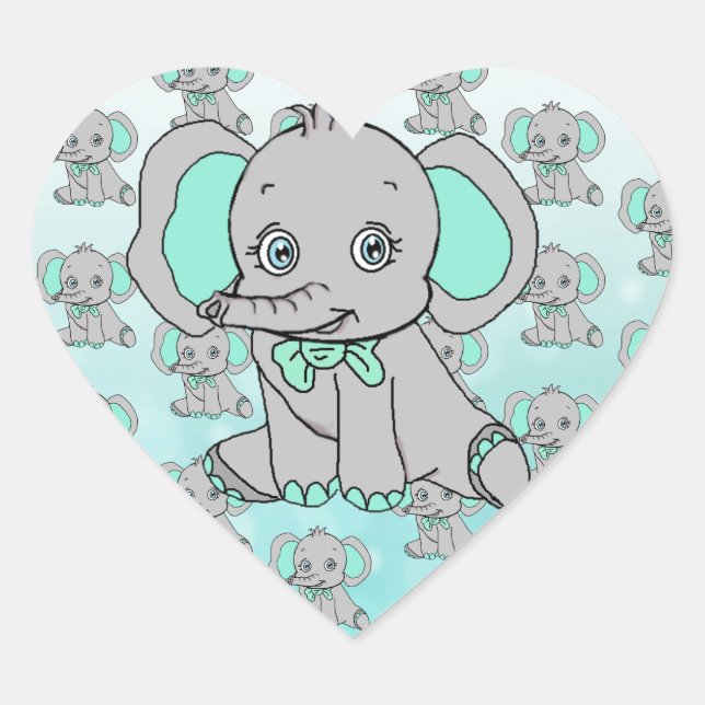 Sticker Cœur Baby shower éléphant Gris et Turquoise (Devant)