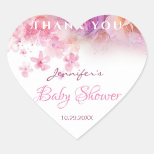 Sticker Cœur Baby shower Fleurs Élégantes Rose Aquarelle Art