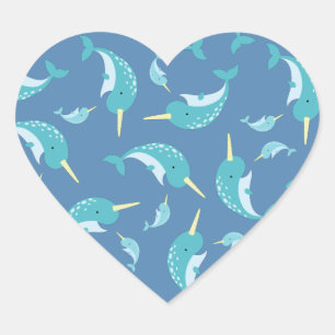 Sticker Cœur Baby shower Narwhal Blue Boy Whale