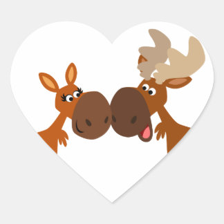 Sticker Cœur Baguette de Cartoon Moose Couple dans Love Heart S