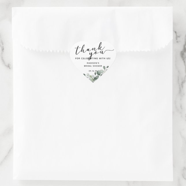 Sticker Cœur Baptême de mariage Merci Eucalyptus Aquarelle (Sac)