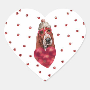 Sticker Cœur Basset Hound Chien Pattes Rouges Roses Saint Valen
