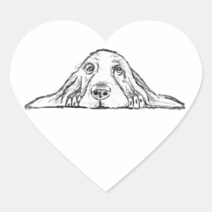 Sticker Cœur basset hound noir blanc yeux de chiot simple 