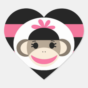 Sticker Cœur Bébé mignon fille Sock Singe noir rose rayures