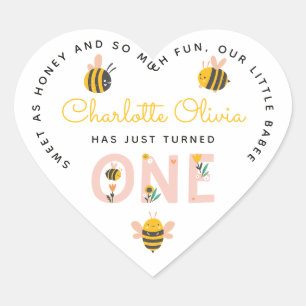 Sticker Cœur Bee Yellow & Pink Floral ONE 1er anniversaire de b
