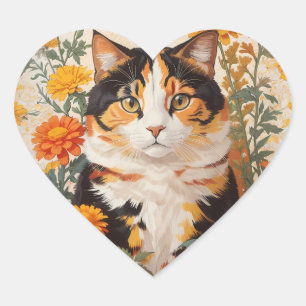 Sticker Cœur Belle Chat Calico Avec Fleurs Marigold