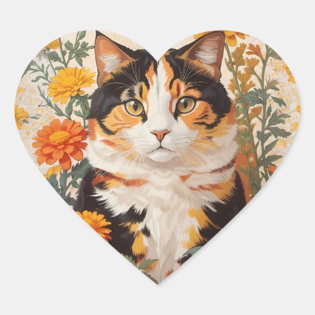 Sticker Cœur Belle Chat Calico Avec Fleurs Marigold (Devant)