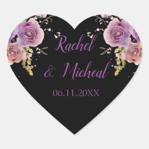 Sticker Cœur Belle Mariage d'aquarelle violette et noire