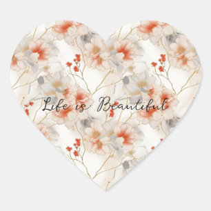 Sticker Cœur Belle Pêche Feminine Rouge Blanc Floral